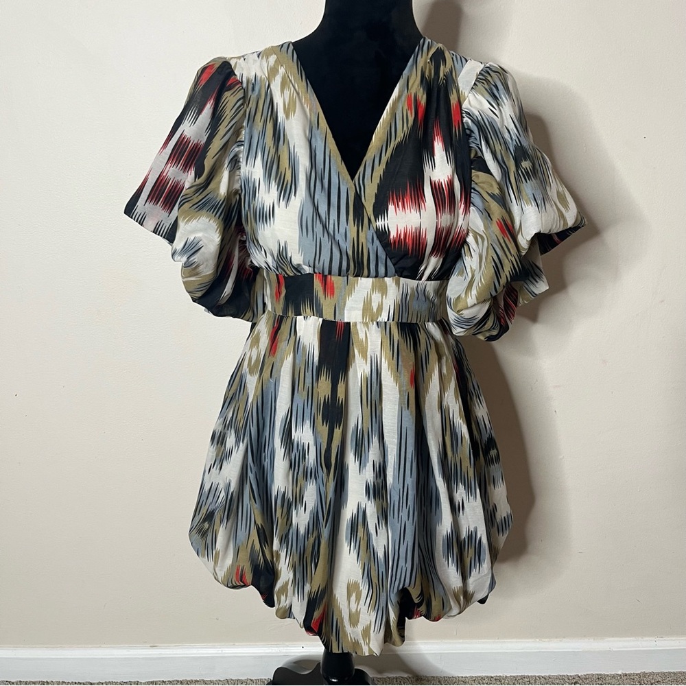 Fumblin Foe Women’s Multicolor Abstract V~Neck Puff Sleeve Puff Hem Mini Dress S